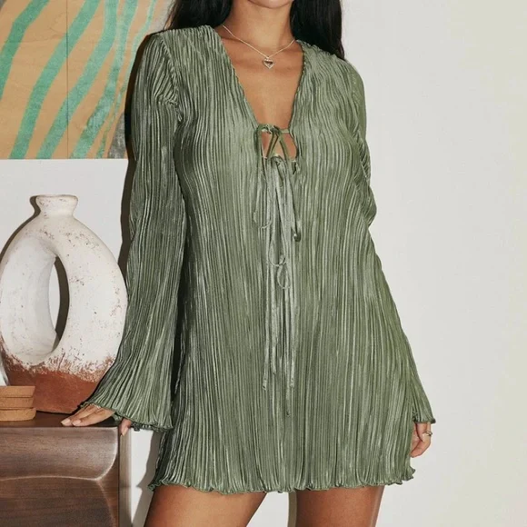 green emerald velvet dress Lukea Long Sleeve Mesh Mini Dress Olive
